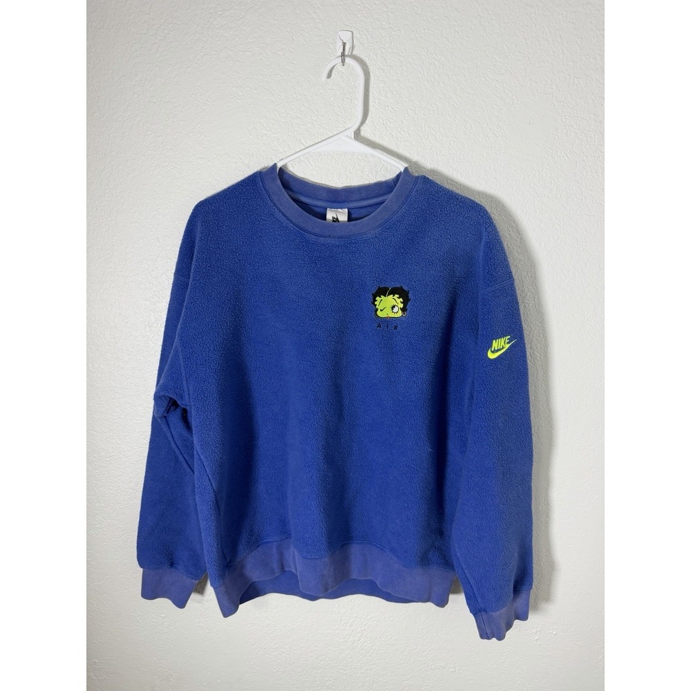 Womens NIKE‎ X Olivia Kim Betty Boop Blue Fuzzy Crew Sweatshirt Small CT2024-480